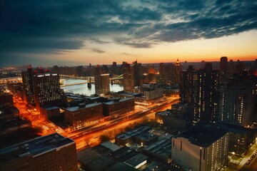 Poster - Aerial view of a bustling city skyline featuring illuminated buildings in the evening. AI-generated.