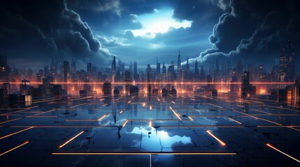 Wall Mural - ai generated illustration of a futuristic cityscape illuminated by bright beams of light