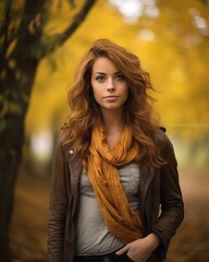 Wall Mural - a beautiful woman with red hair standing in the middle of an autumn forest