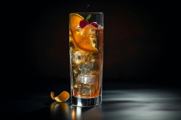 Sticker - AI-generated illustration of a drink with ice and an orange slice against a black background.