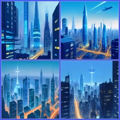 Canvas Print - AI generated illustration of a collage of  stunning urban skylines with illuminated buildings