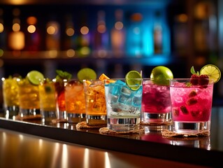 Sticker - Array of brightly-colored cocktails lined up on a bar counter. AI-generated.