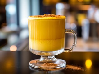 Poster - AI generated illustration of a yellow pumpkin drink on a countertop