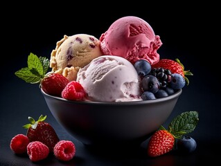 Sticker - AI generated illustration of a bowl of ice cream scoops with berries