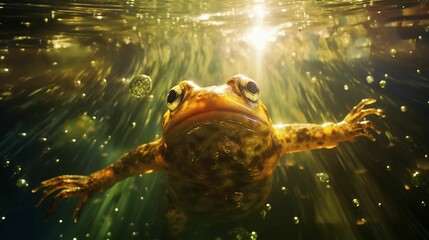 Poster - AI generated illustration of a frog swimming in the pond with bubbles under the sun rays