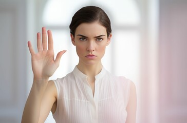 Woman with a stern expression stands with her hand raised as a stop sign. AI-generated.