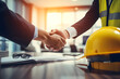 Contractor. construction worker team hand shaking after consultation meeting start up plan new project contract in office center at construction site, teamwork, partnership concept, Generative AI