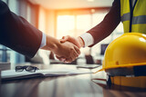 Fototapeta Mapy - Contractor. construction worker team hand shaking after consultation meeting start up plan new project contract in office center at construction site, teamwork, partnership concept, Generative AI