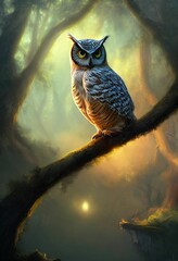 Wall Mural - AI generated illustration of an owl  perched on a tree branch in a tranquil forest setting