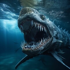 Wall Mural - AI generated illustration of a scary large deep blue shark with sharp teeth swimming underwater