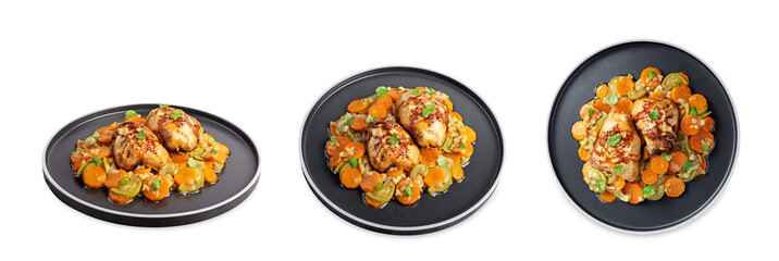 Wall Mural - Moroccan spiced chicken with zucchini and carrots in a plate on a white isolated background