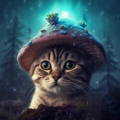 Sticker - AI generated illustration of an adorable gray tabby cat wearing a mushroom-shaped hat