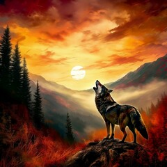 Wall Mural - ai generated illustration of a grey wolf standing atop a hill at sunset