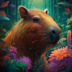 Canvas Print - AI generated illustration of a beaver with colorful flowers that are suspended in the air