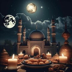 Canvas Print - AI generated illustration of A beautiful mosque illuminated by candlelight