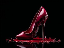 AI Generated Illustration Of A Red High-heeled Shoe Submerged In A Pool Of Scarlet Liquid
