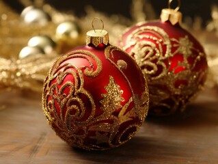 Wall Mural - AI generated illustration of festive Christmas two bright red baubles with gold glitter