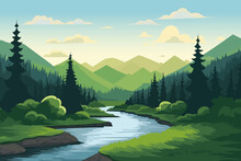 Beautiful Landscape Of The River, Forest And Mountains. A River Surrounded By Forest And Mountains In The Background. Vector Landscape For Printing.