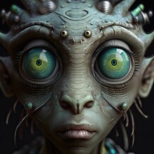 AI Generated Illustration Of A Close-up Of A Fictional Alien Creature With Big Eyes