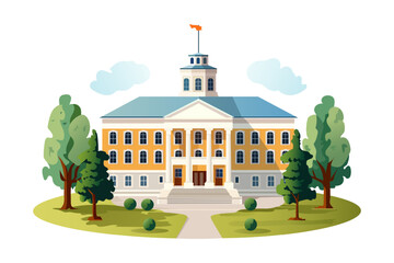 Wall Mural - The building is in a classical style with columns. Beautiful building with lawn and trees. Vector illustration.