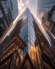 Low-angle shot of modern skyscrapers with reflective glass windows. AI-generated.