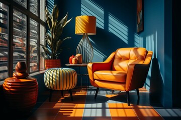 Wall Mural - AI generated illustration of An orange armchair featuring a yellow lamp, set in front of a window