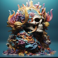 Sticker - AI generated skull statue adorned with multi-colored artificial flowers and hair