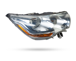 Poster - Stylish xenon headlight of a German car - optical equipment with a lamp inside on a white isolated background. Spare part for auto repair in a car workshop.