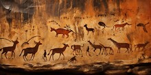 AI Generated. AI Generative. Primitive Historical Stone Cave Wall Drawing Art Of Animals Hunting. Graphic Art