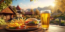 Beer, Hamburger And Fries At Outdoor Garden Restaurant Generative AI