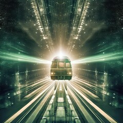 Wall Mural - train traveling down a set of tracks illuminated by a bright light.