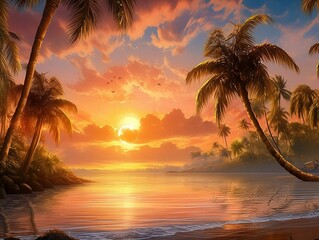 Sticker - AI generated sunset over the ocean with tall palm trees