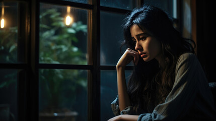 Depressed young woman near window at home, closeup