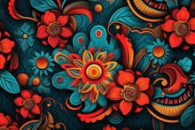 A Colorful Floral Pattern With Red Orange And Blue Flowers