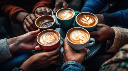 People's hands holding mugs of coffee. Created with Generative AI technology.