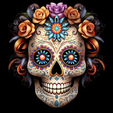 Sugar Skull Colorful Floral Mask On A Black Background.  Isolated Sugar Skull Mask For Holidays.  