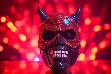 Wall Mural - a devil mask on a table with red lights in the background