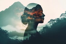 A Double Exposure Of A Womans Face With Mountains In The Background