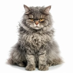  a fluffy gray cat sitting down on a white background