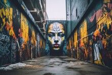 A Graffiti Covered Alleyway With A Womans Face Painted On It