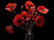 Remembrance Day greeting card. Beautiful red poppies flowers on black background. Lest we forget. Created with Generative AI technology.