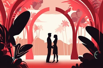 Wall Mural - a man and woman are standing in front of a red archway