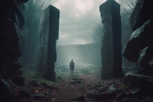 A Man Stands In Front Of Two Stone Pillars In A Dark Forest