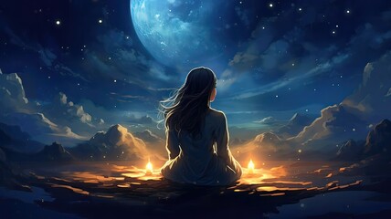 Beautiful painting of a girl sitting on her bed, meditation illustration with galaxy starry moon background.