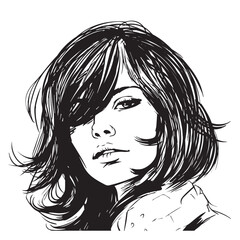 Wall Mural - Vector portrait of a fashionable young beautiful girl with tousled hair. Black and white female portrait