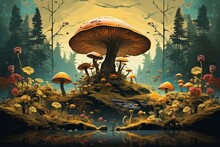 A Painting Of Mushrooms In The Forest