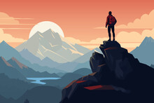 The Man On The Top Of The Mountain Looks At The Beautiful Landscape Of The Mountains. The Concept Of Mountain Tourism And Travel. Vector Illustration.