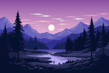 Beautiful Night Landscape Of Mountains, Lakes And Forests. Moon Over Mountain Lake, Amazing Mountains And Forest.