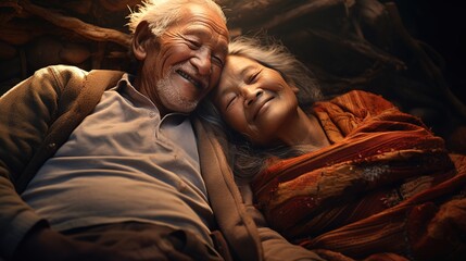 Wall Mural - An Romantic senior Couple embracing smiling in rural barn in their residential area embracing, Loving adults, having fun chatting, pointing distance, Happy retirement Life. Generated with AI