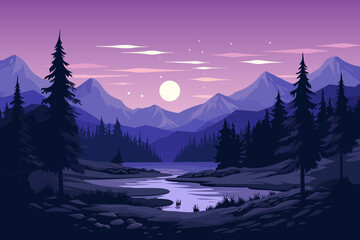Canvas Print - Beautiful night landscape of mountains, lakes and forests. Moon over mountain lake, amazing mountains and forest.
